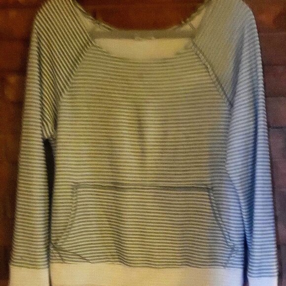 Sweaters - Green & Cream Striped Open Neck Sweater - Size M